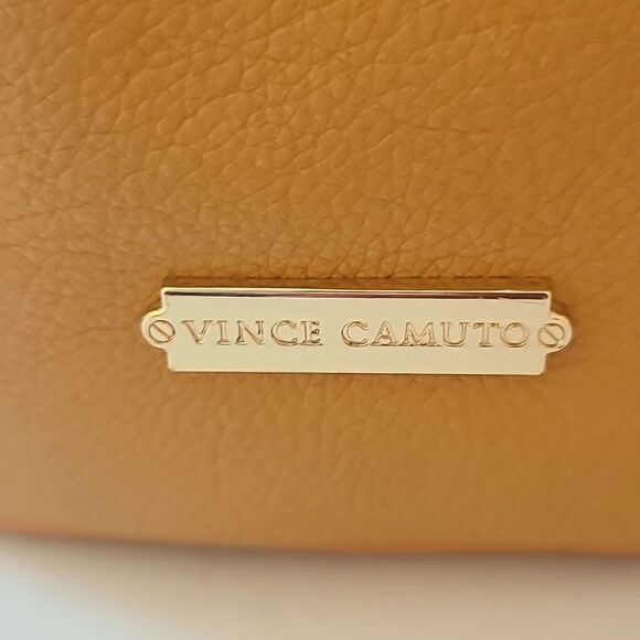 Vince Camuto Drawstring Shoulder Bucket Bag Tan Camel Gold Accents - Picture 14 of 15